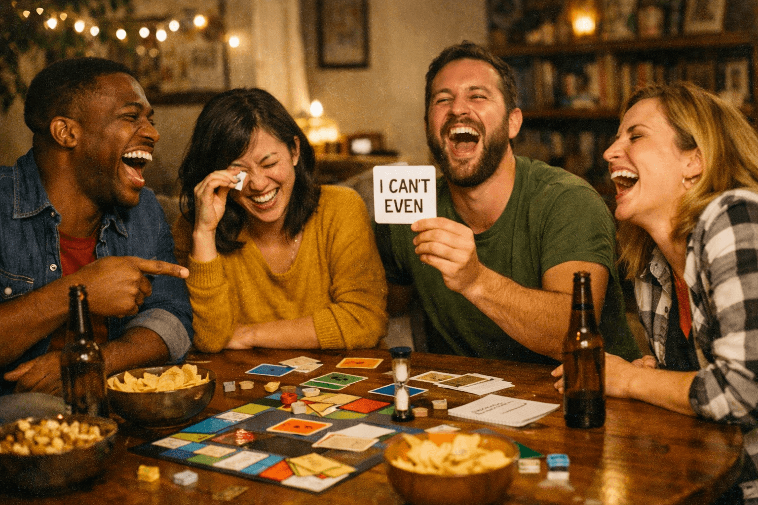 Groupe d’amis qui rient autour d’un jeu de société